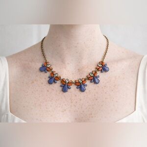 J. Crew Gold Tone Clear Orange Blue Rhinestone Statement Necklace